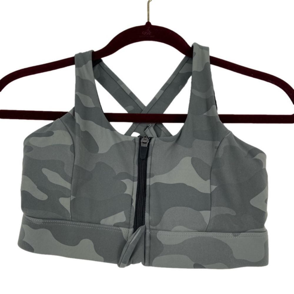 COOrun Sports Bra Size XS Strappy Racerback Zip Front Army Green Camouflage